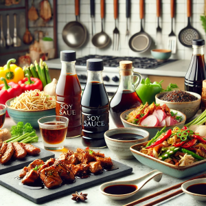 DALL·E 2024-08-31 18.03.42 - A vibrant kitchen scene featuring a variety of dishes seasoned with soy sauce, including marinated meats, stir-fried vegetables, and dipping sauces, a